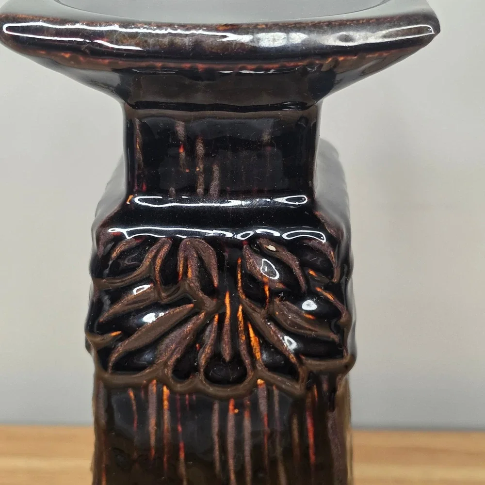Ceramic Pillar Candle‎ Holder 11in Metallic Dark Brown Embossed Floral Tapered